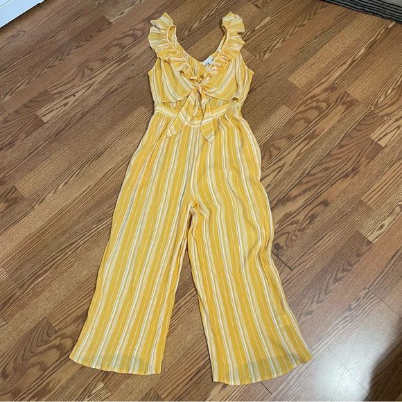 Patrons of Peace Pants - Patrons of Peace Split Knot Cut-out Front Jumpsuit Yellow & White Stripe Sz-M